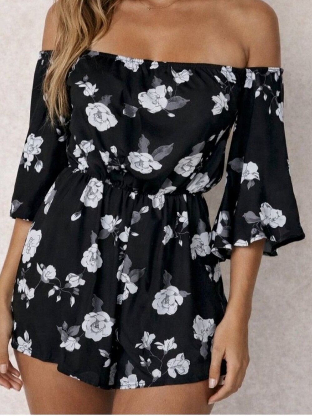 Cold Shoulder High Waist Black & White Floral Bell Flutter Sleeve Romper